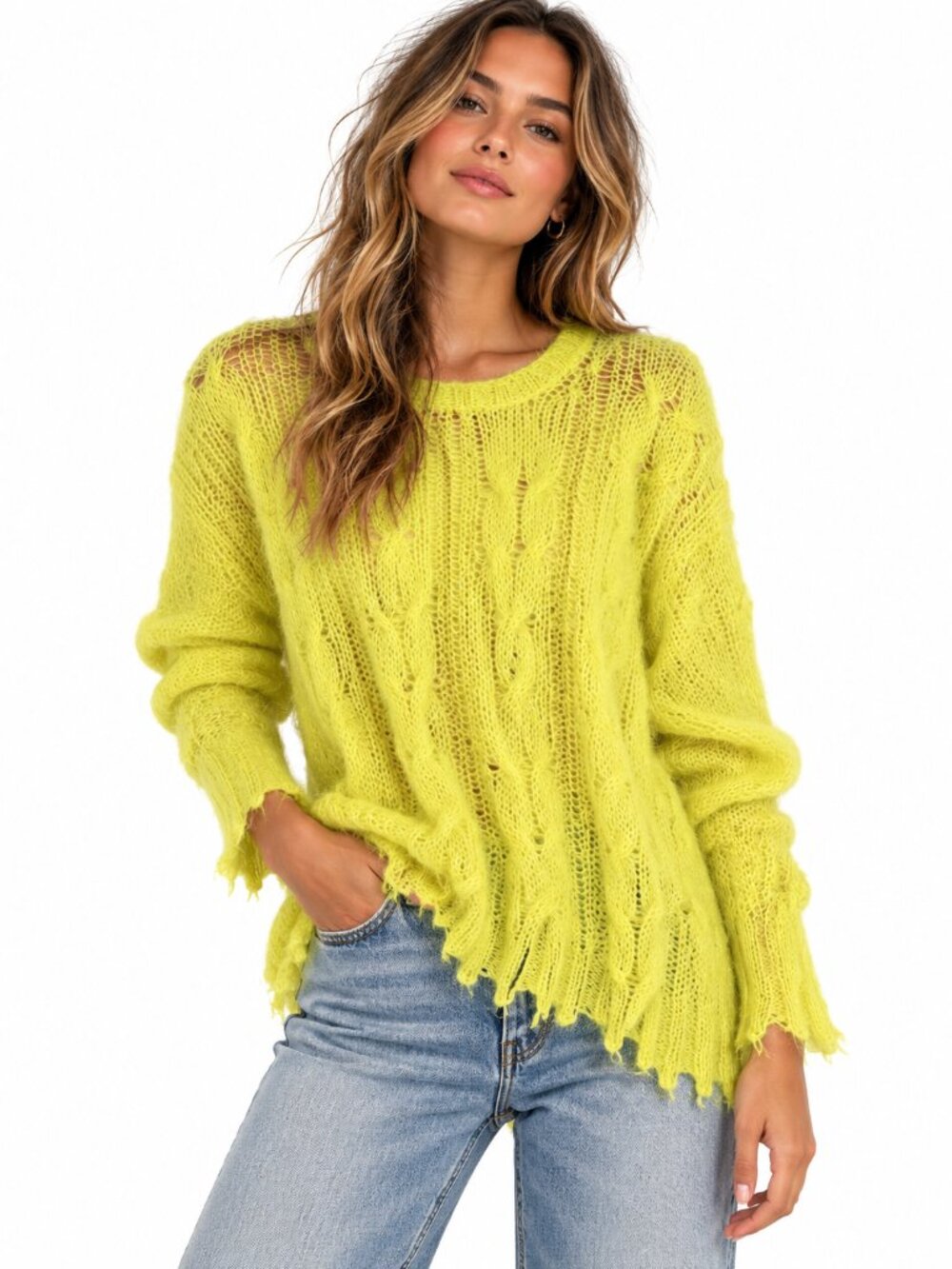 Anthropologie Posey Stitchy Sweater Neon Yellow XS Sheer Cable Knit Distressed
